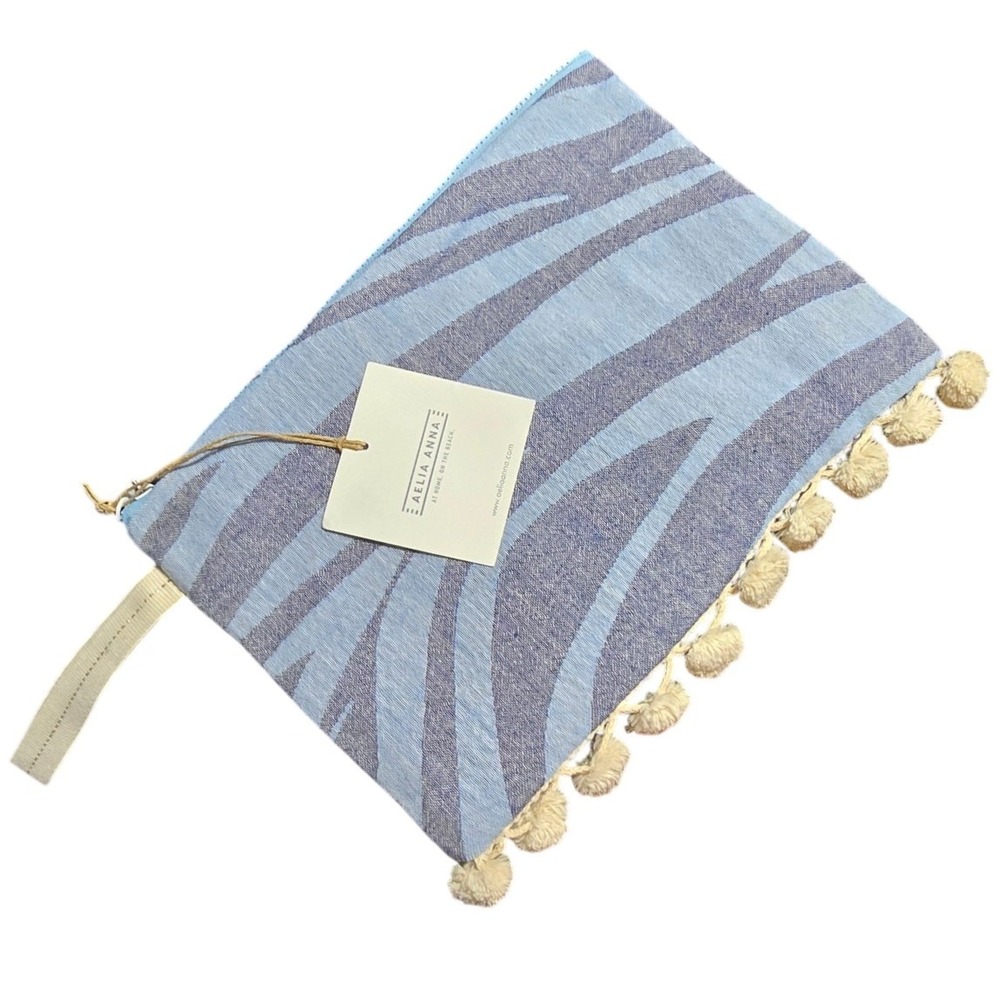 AELIA ANNA Blue Stripe Pom Pom‎ Clutch Bag Wristlet Beach Travel Pouch wet dry
